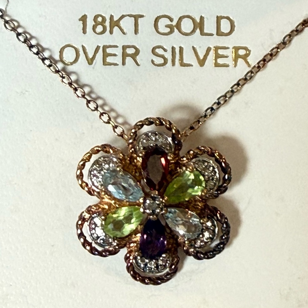 18k Gold Over Silver Floral 3D Rhinestone Necklace 18” Chain Diamond Accent